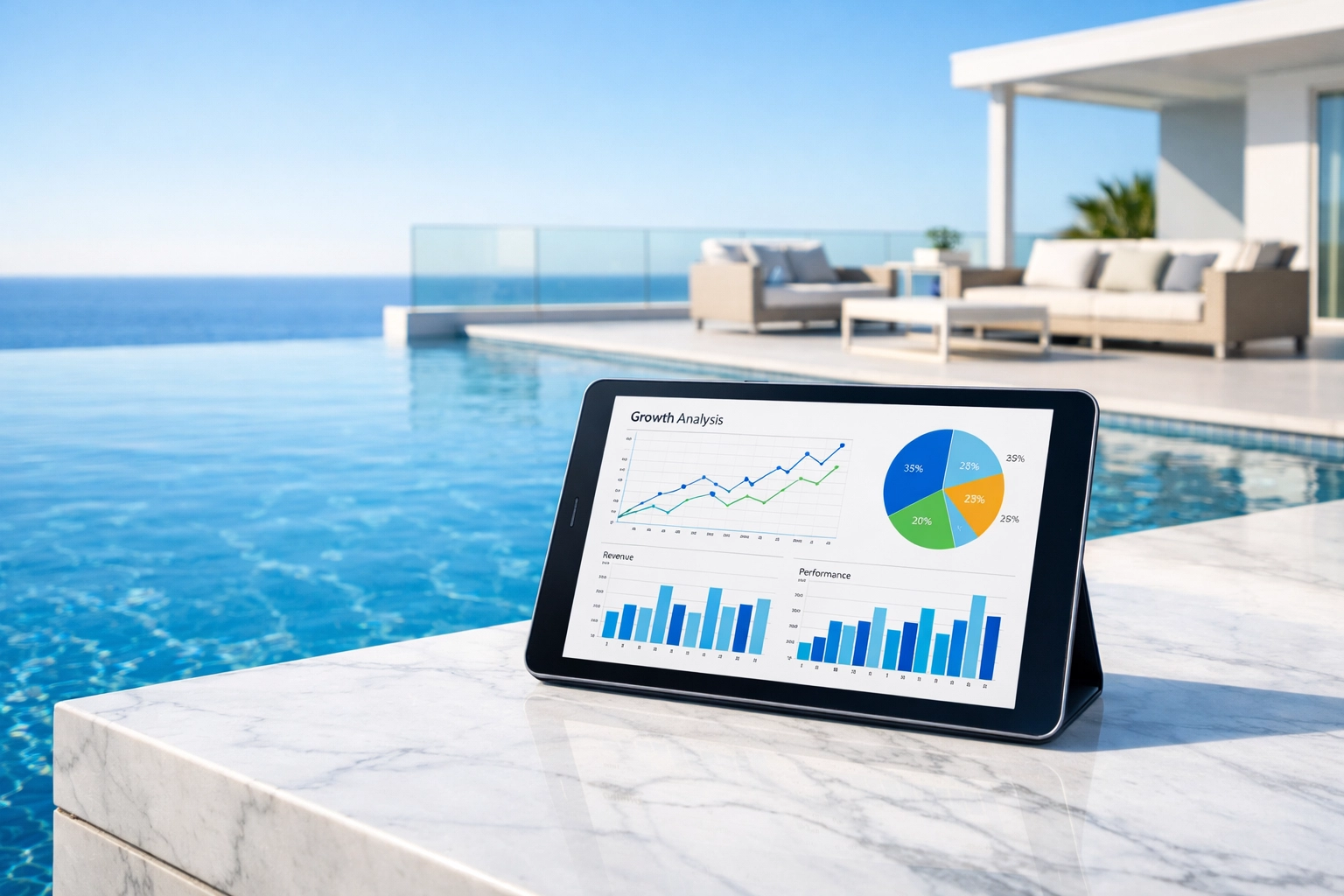 Tablet displaying financial growth charts and pool route valuation data by a modern swimming pool.
