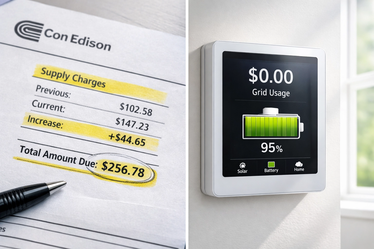 Comparison of Con Ed electric bill supply charges versus solar inverter showing zero grid usage