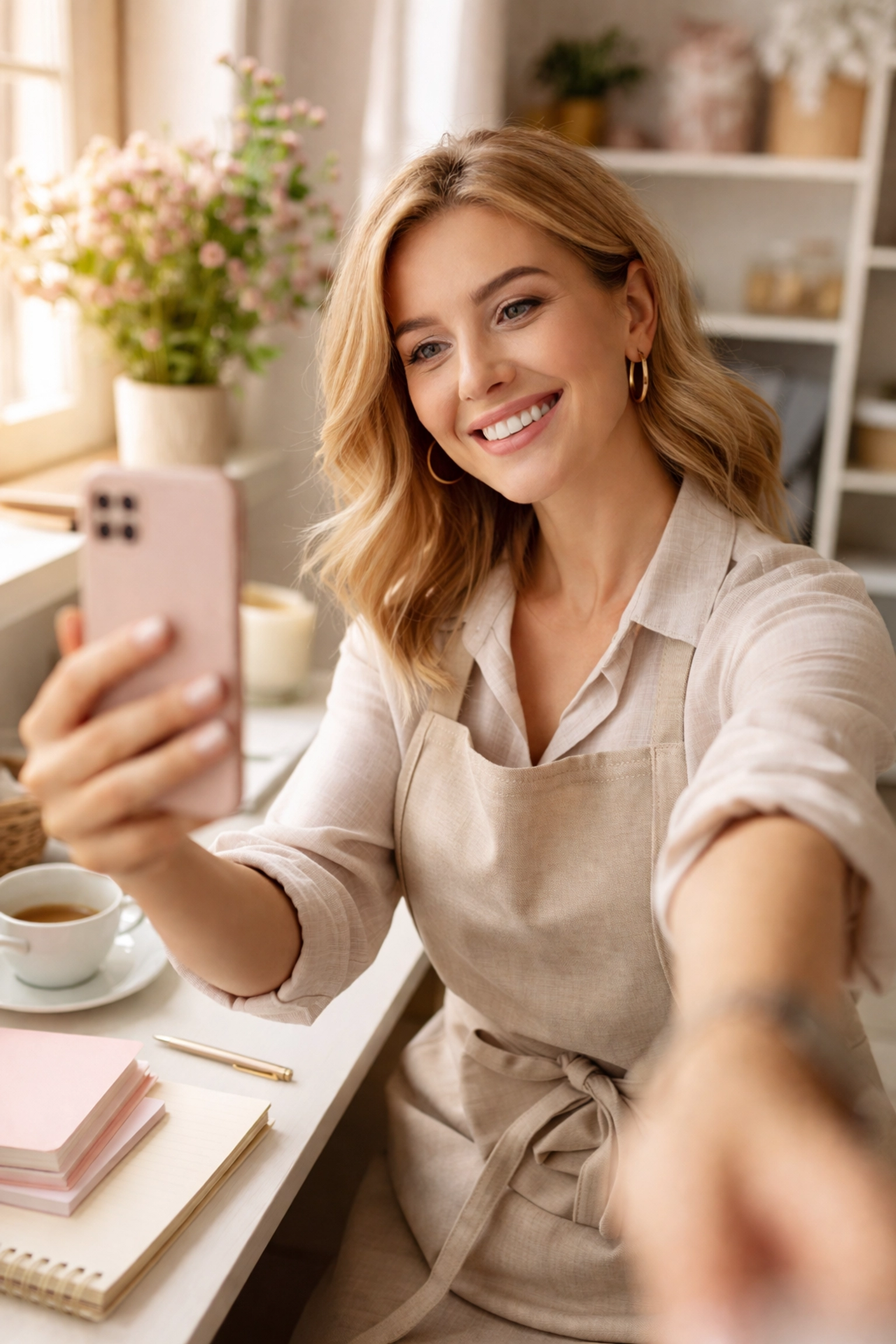 Small business owner filming a client testimonial Reel in a bright, cozy studio setting