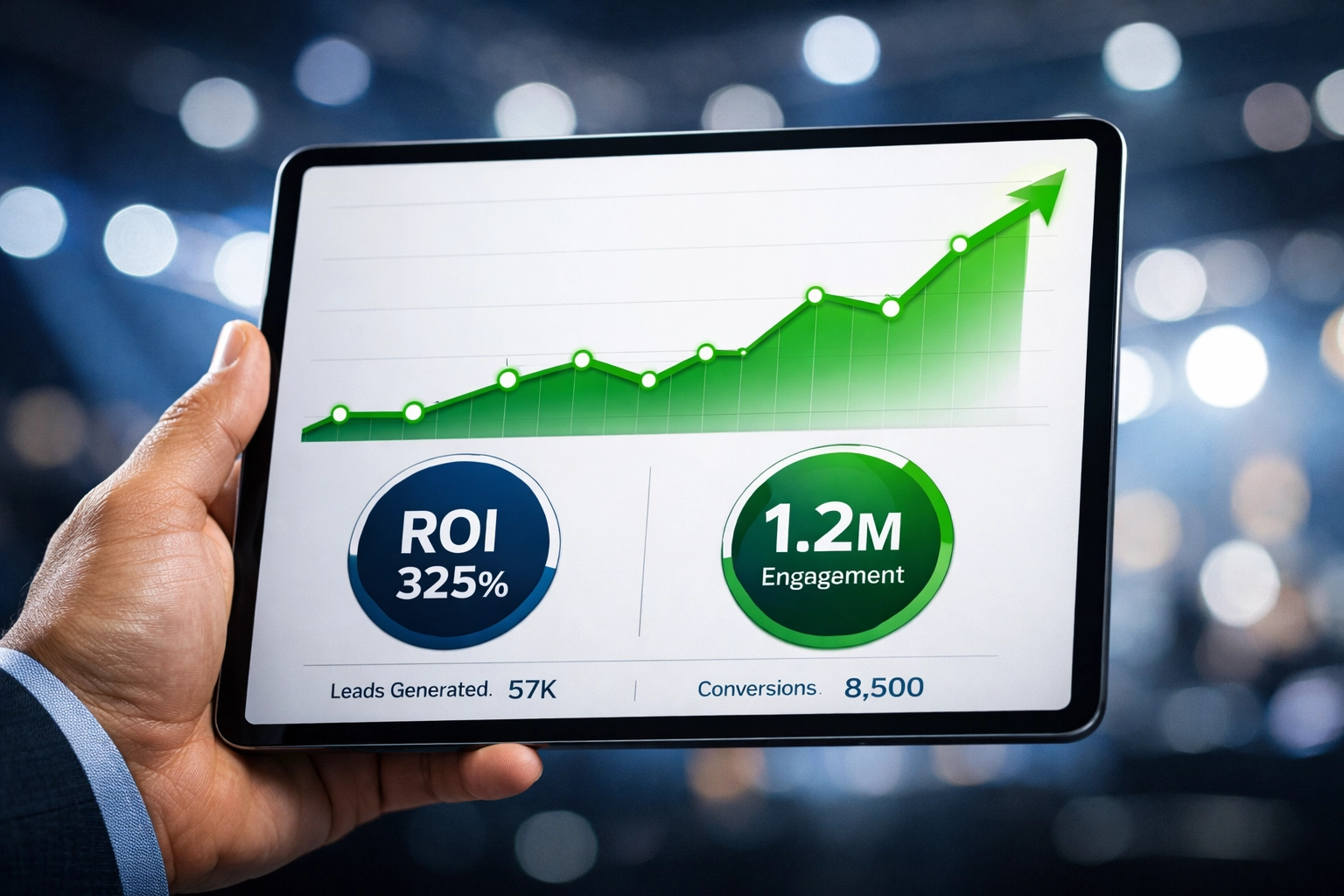 Tablet displaying brand impact analytics and ROI growth metrics after a Dakdan Worldwide marketing activation.