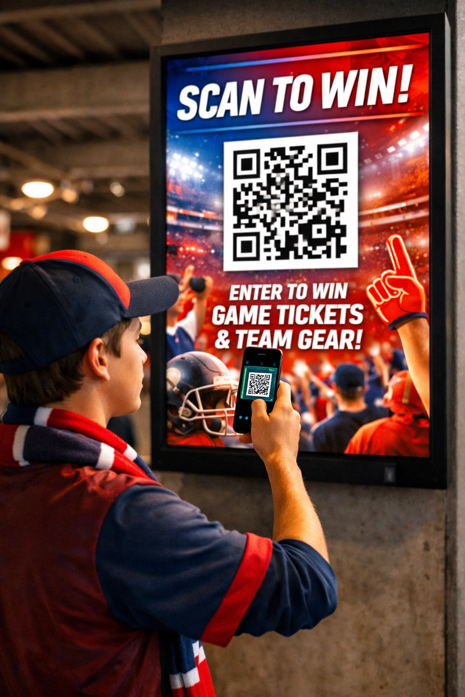 Sports fan scanning QR code on interactive digital screen at stadium concourse