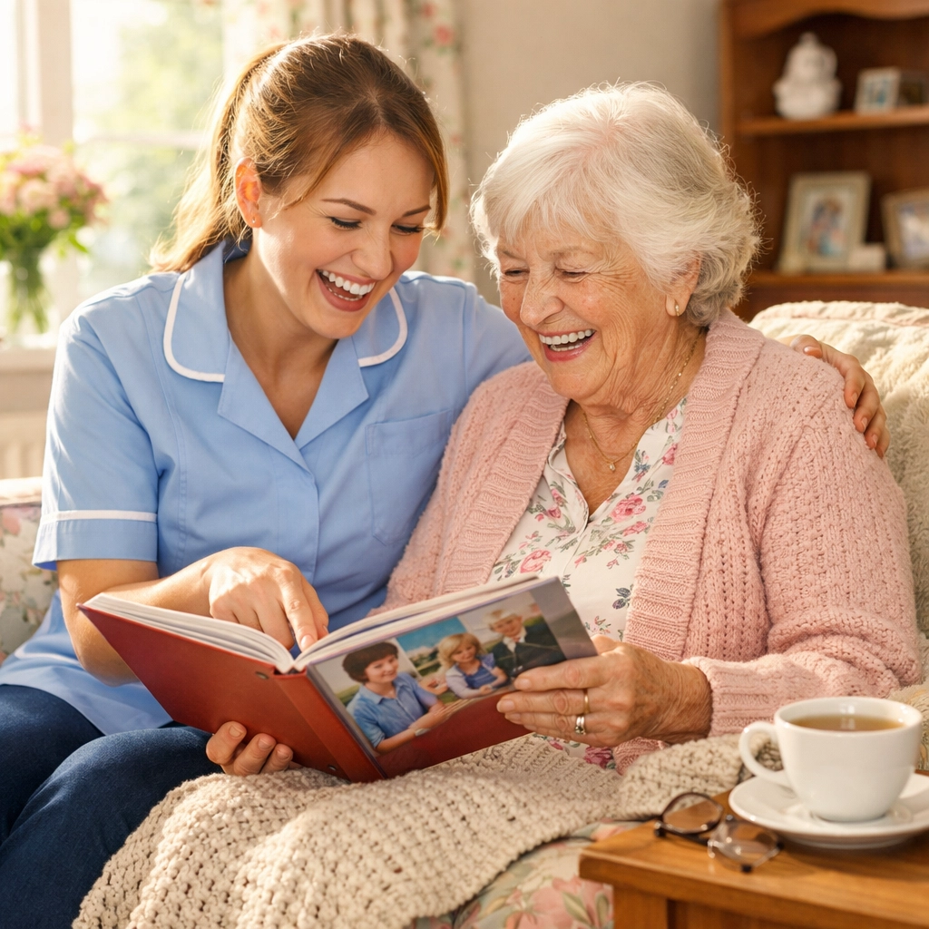A friendly carer and elderly woman laughing while looking at a photo album in a Southampton home.