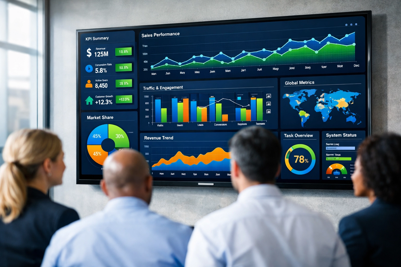 Fortune 100 executives reviewing talent pipeline analytics dashboard with performance metrics