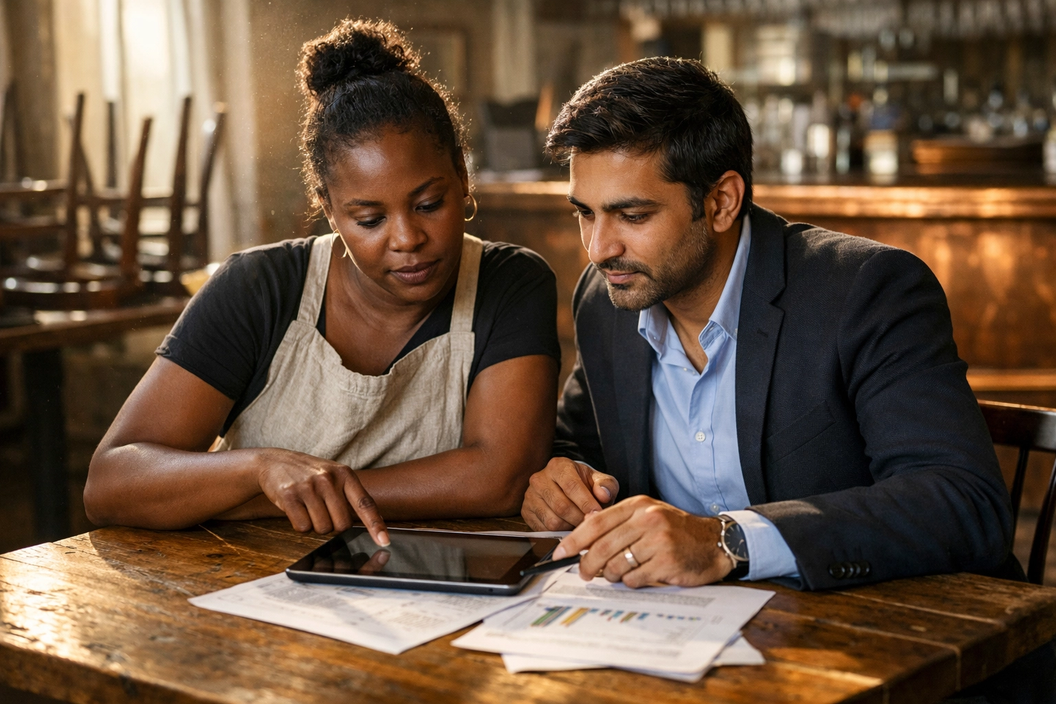 Restaurant owner and consultant auditing financial records during a restaurant turnaround.