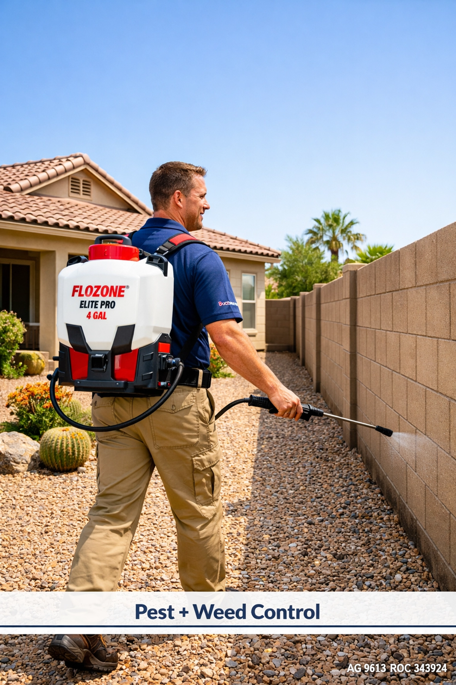 Bucksworth technician providing pest and weed control services in a residential Avondale backyard.