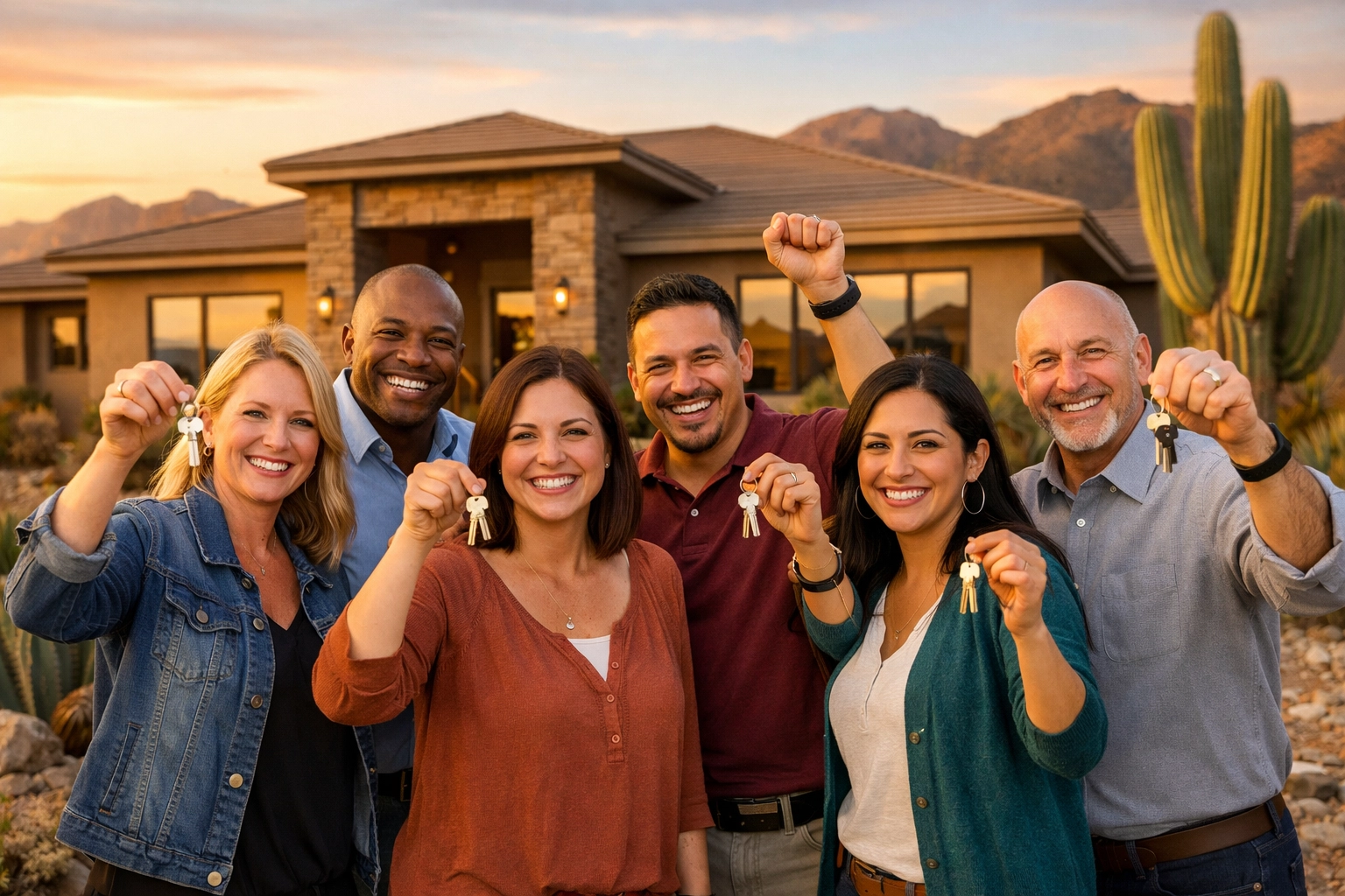 West Valley teachers celebrating homeownership in front of new Arizona home with keys