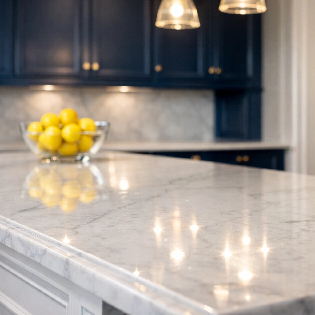Sparkling luxury kitchen island in Wellesley showcasing the results of deep house cleaning services MA.