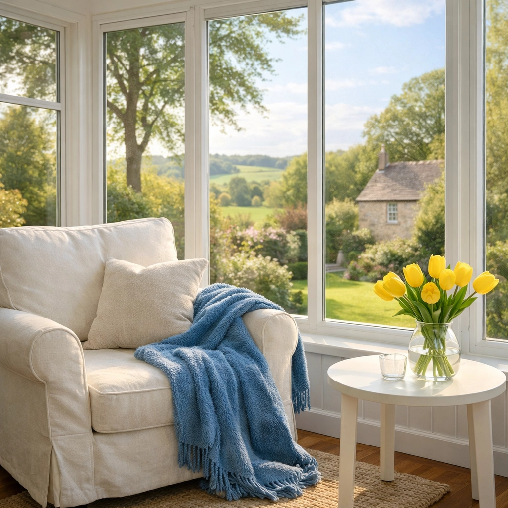 A clean, inviting reading nook in a Stow sunroom, reflecting the peace of mind from regular house cleaning.