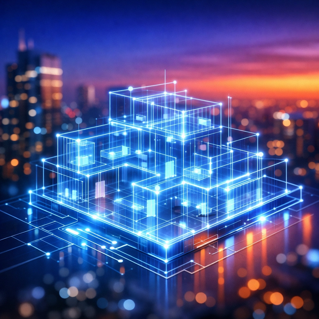 Digital connectivity framework over a city representing structured data for AI search and Answer Engine Optimization.