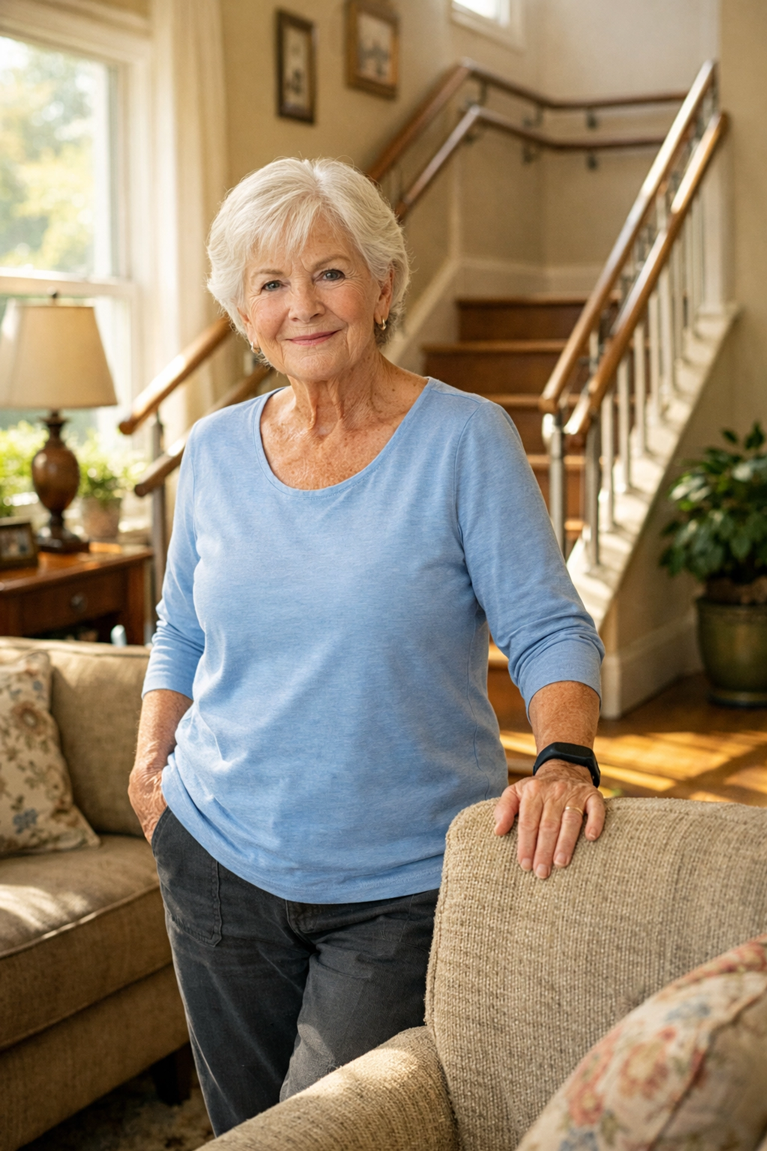 An active senior woman standing confidently in a bright living room with safe, double-railed stairs.