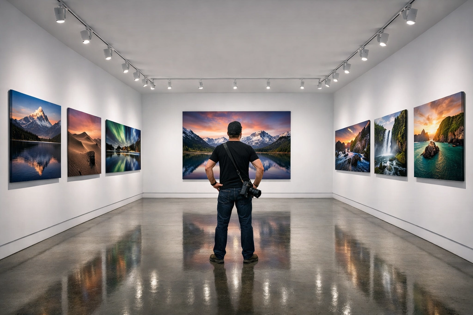 Photographer in a gallery showcasing landscape photography from the best photography locations with perfect quality.