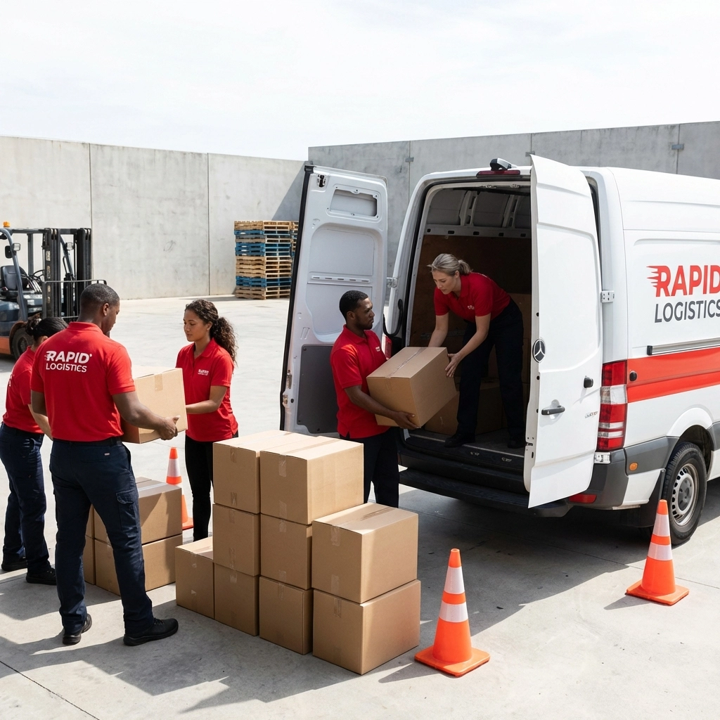 Logistics team loading boxes into a delivery van, demonstrating smooth transition to managed storage in Enfield