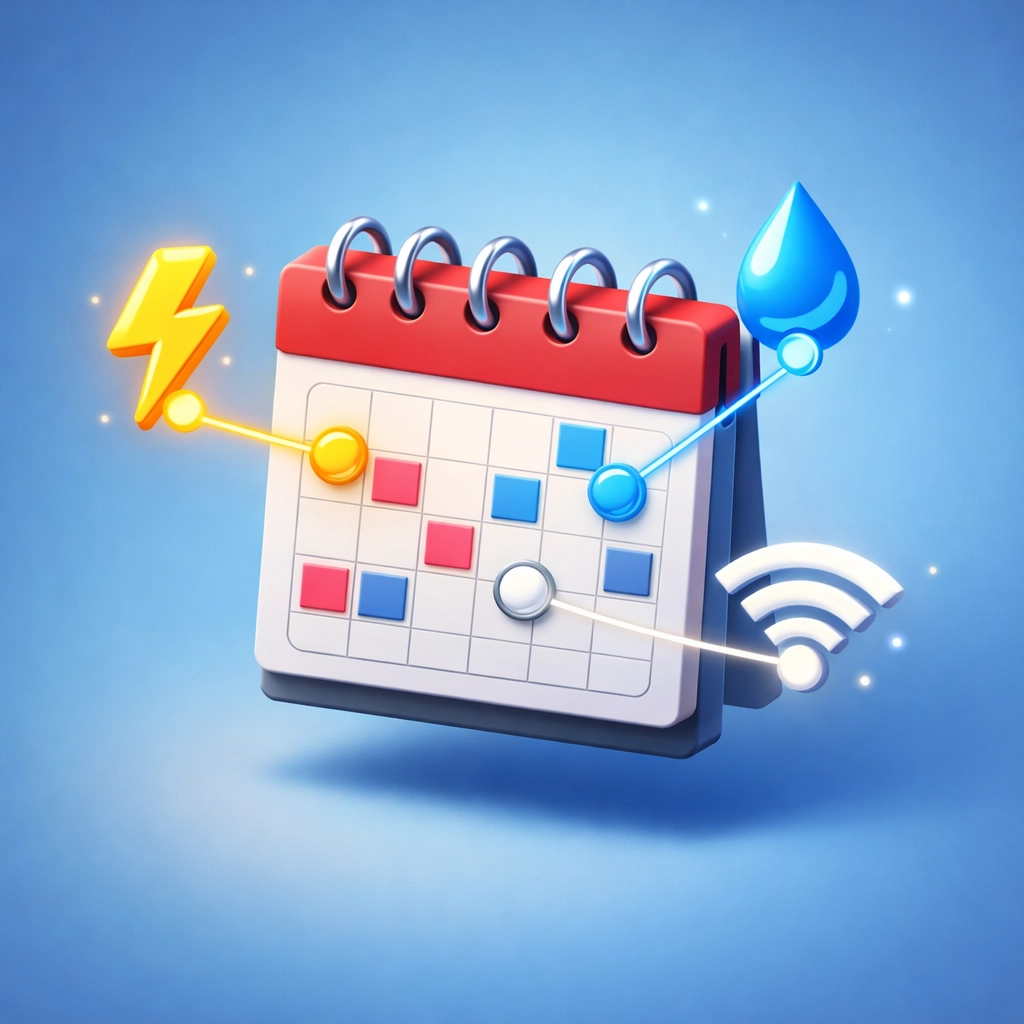 A calendar showing how to set up utilities when moving with icons for power, water, and internet.