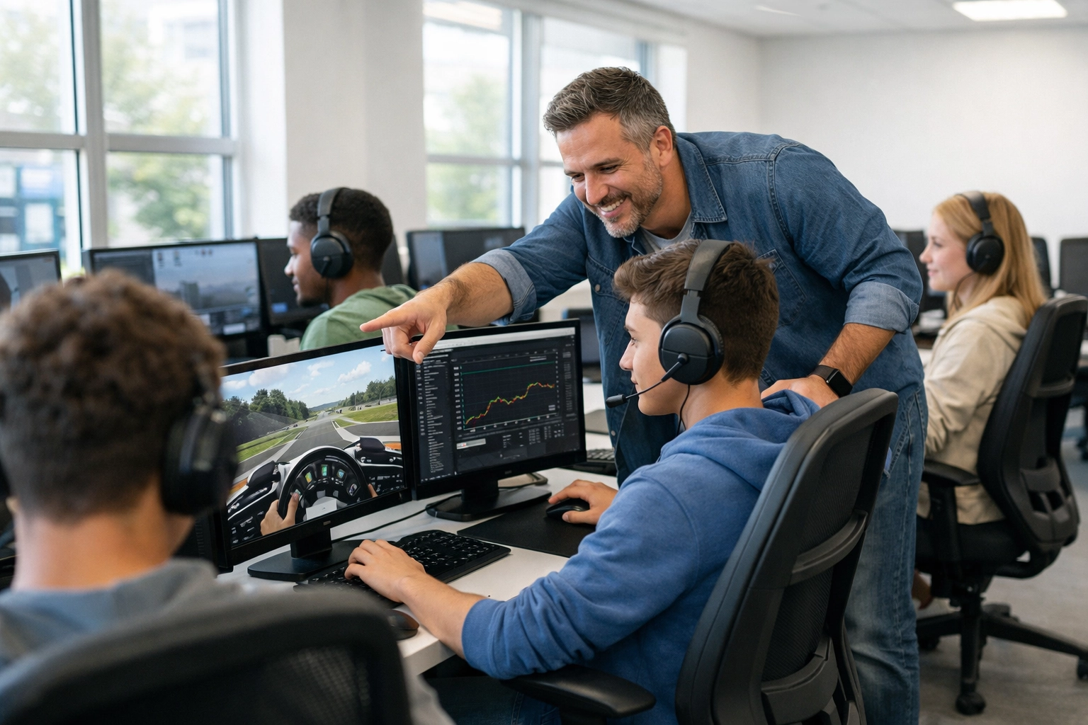 High school students participating in an education through simulation program within an esports technology lab.