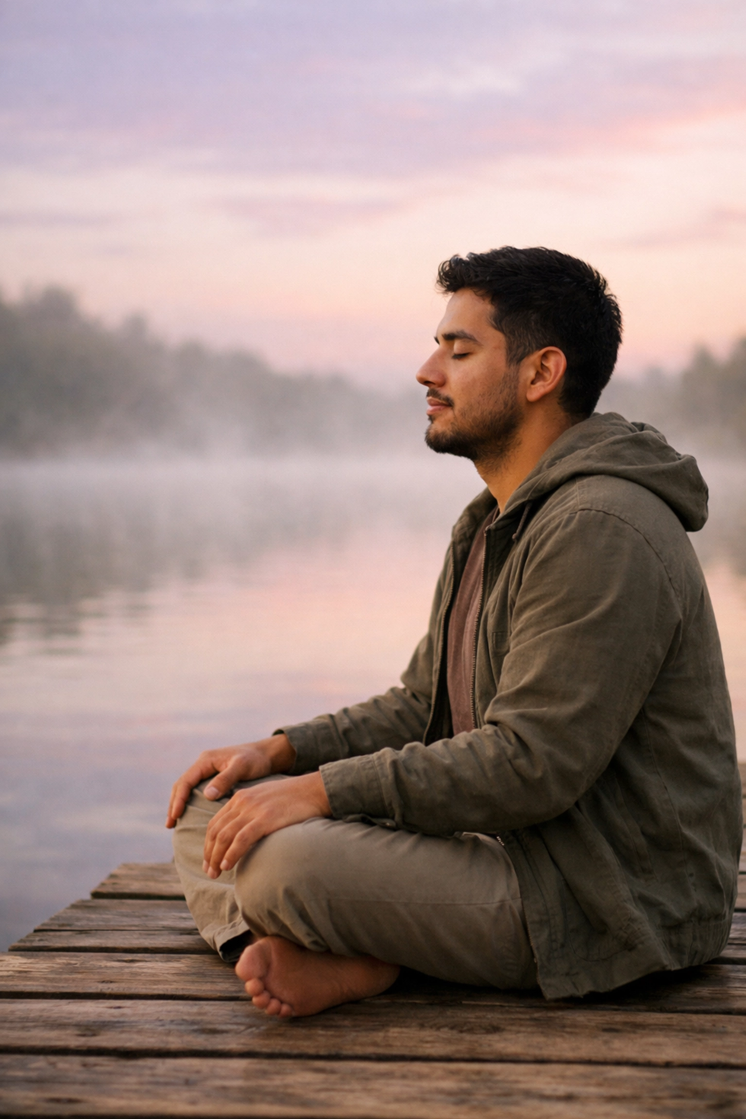 Man meditating peacefully by a calm lake at dawn, listening for God's whisper in the stillness