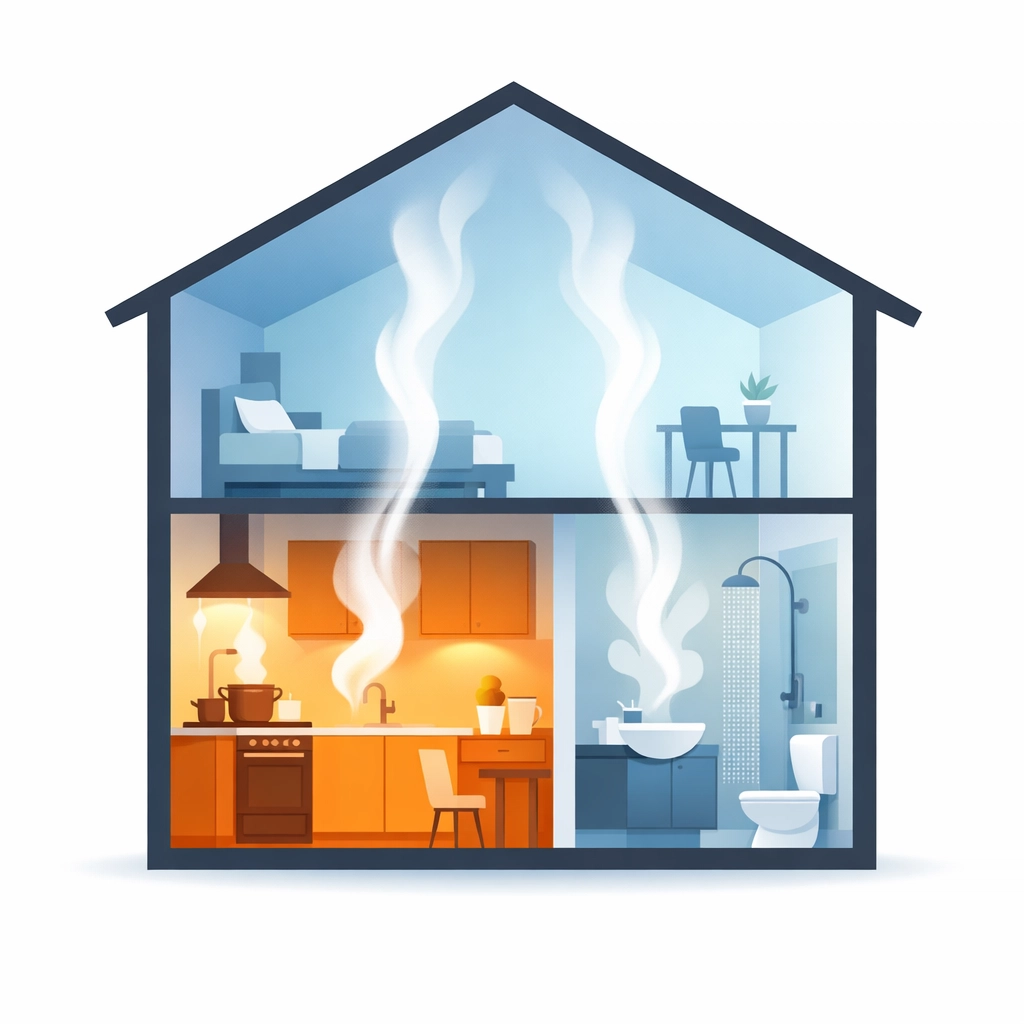 Visual guide showing how warm household vapor rises from kitchens and bathrooms into a cold loft.