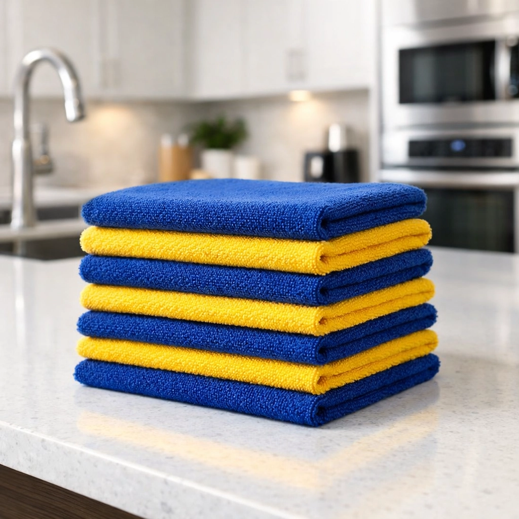 Stack of blue and yellow microfiber cloths on a white countertop for professional house cleaning Worcester MA.