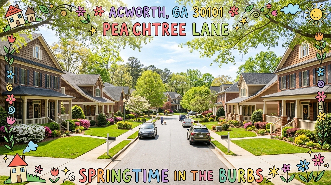 A serene suburban street in Acworth with traditional craftsman homes A serene suburban street in Acworth with traditional craftsman homes