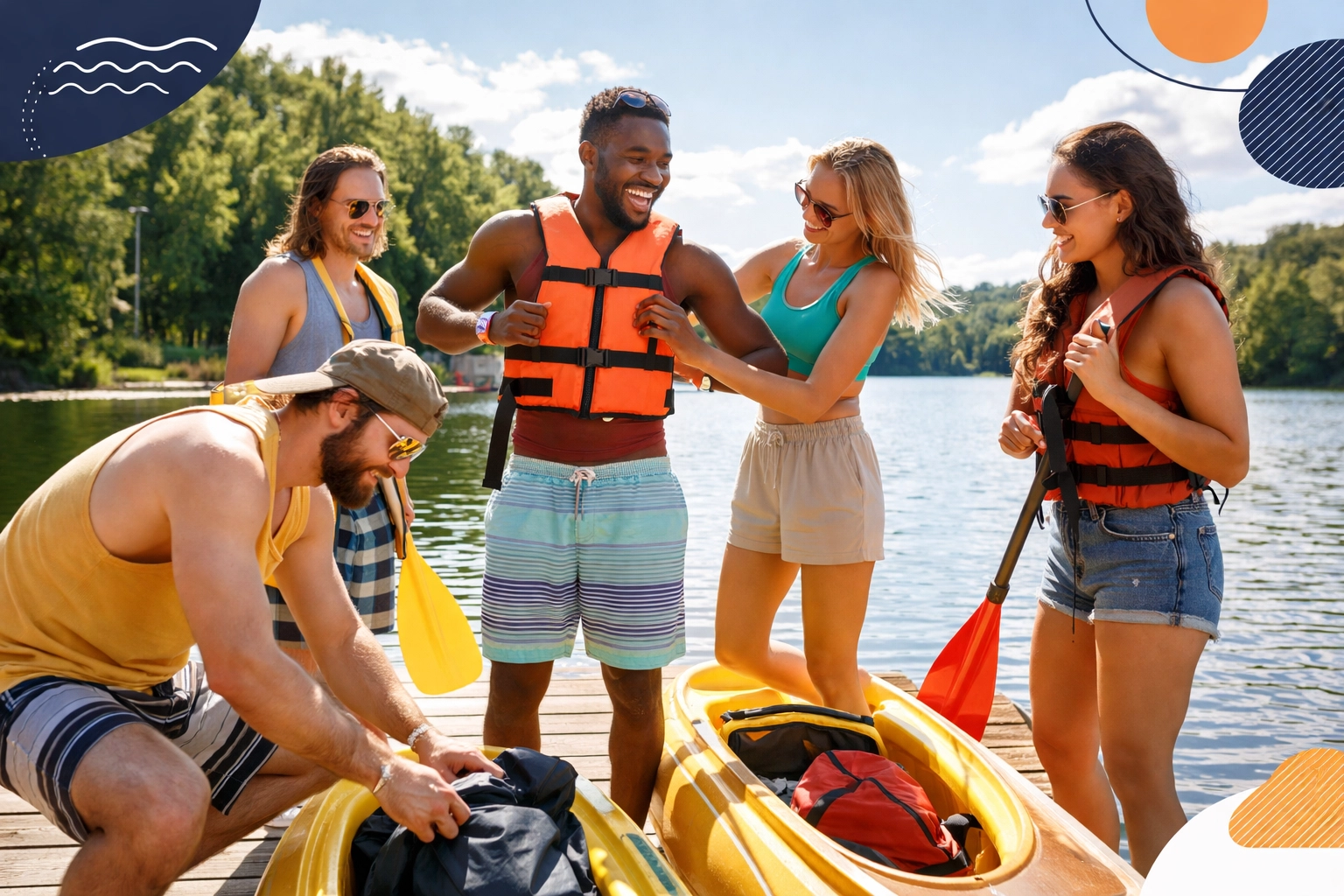 Young adults preparing a shared kayak on a sunny dock, highlighting Chartrflex's community connection and sharing economy.