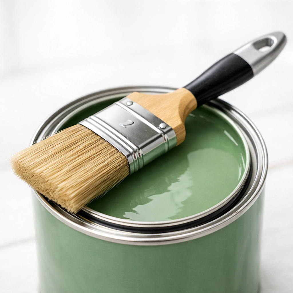 Professional sash paintbrush and sage green exterior paint for Gloucestershire home decorating.