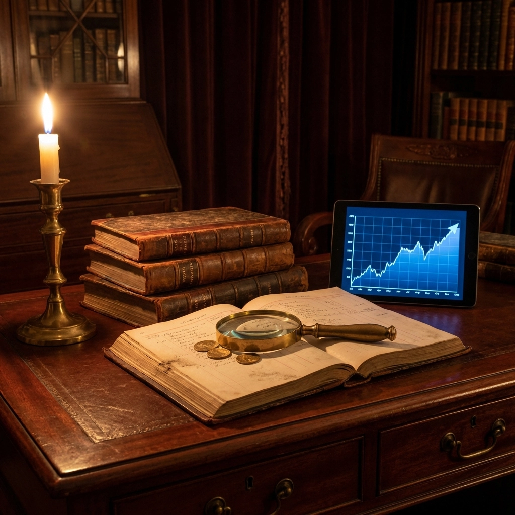 Vintage ledgers, magnifying glass over gold coins, and a tablet show the evolution of value investing opportunities.