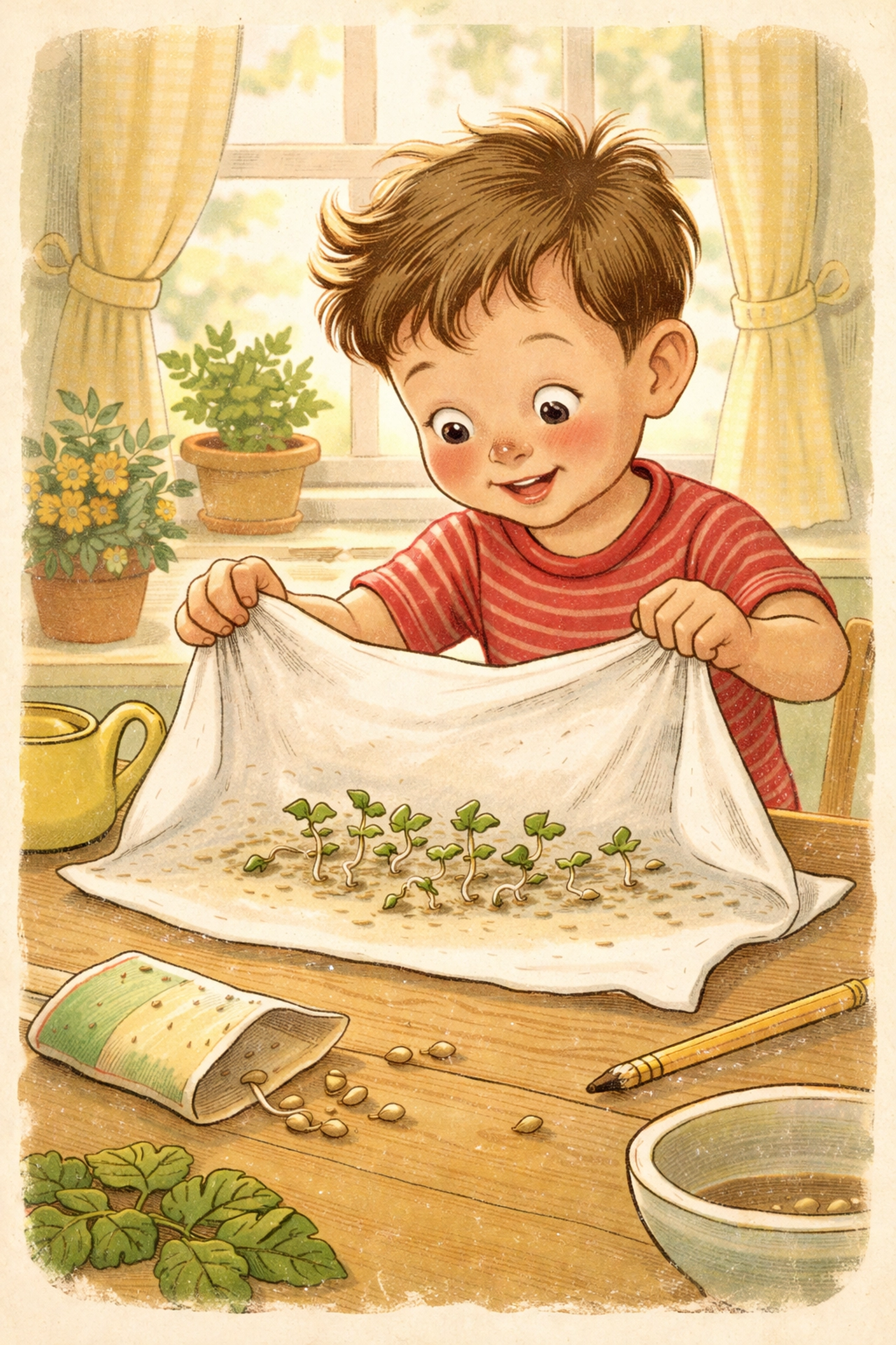 Child unfolds paper towel to reveal sprouted seeds, showing the success of the paper towel seed viability experiment.