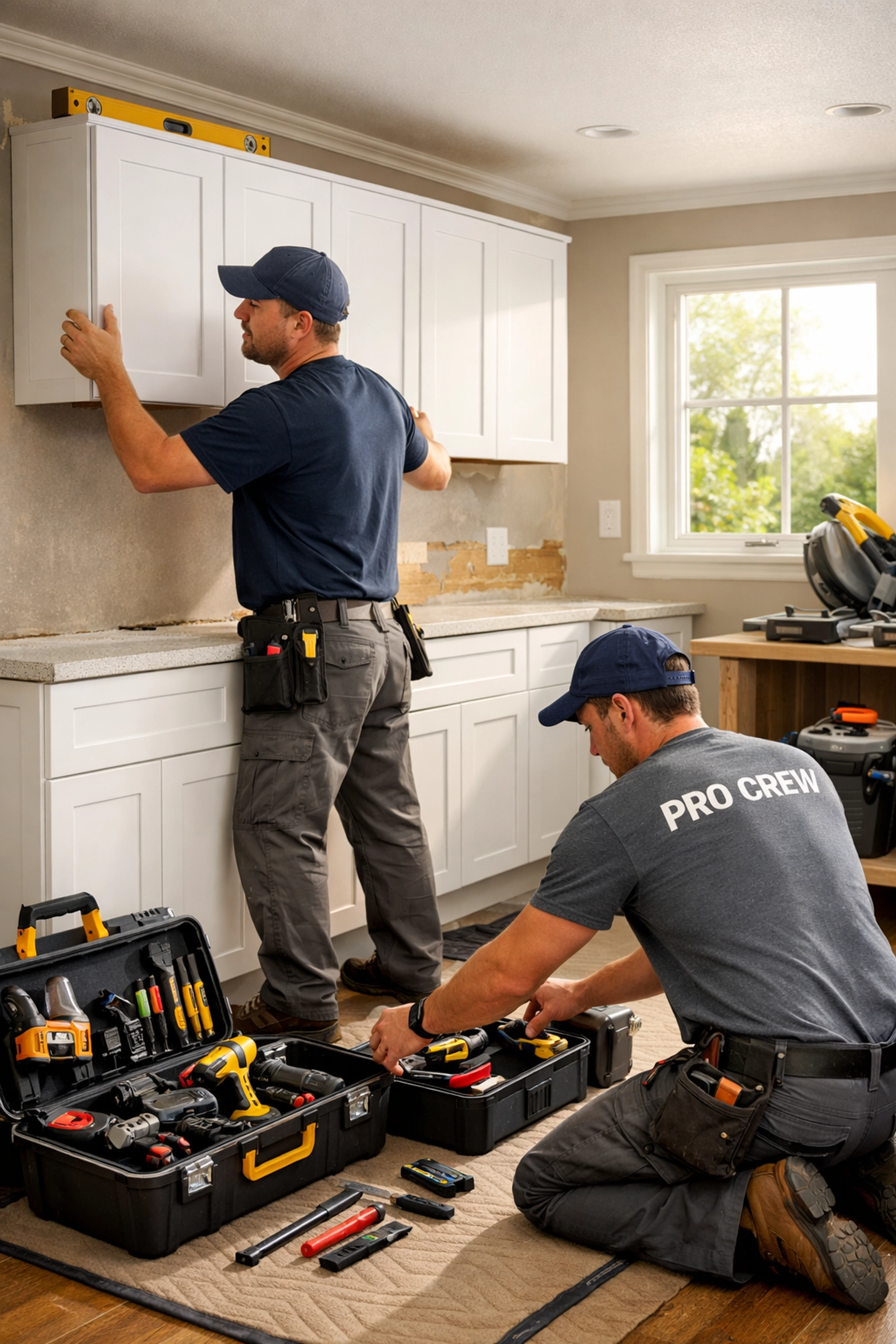 Professional crew installing white shaker cabinets during a Fast-Track kitchen remodel.
