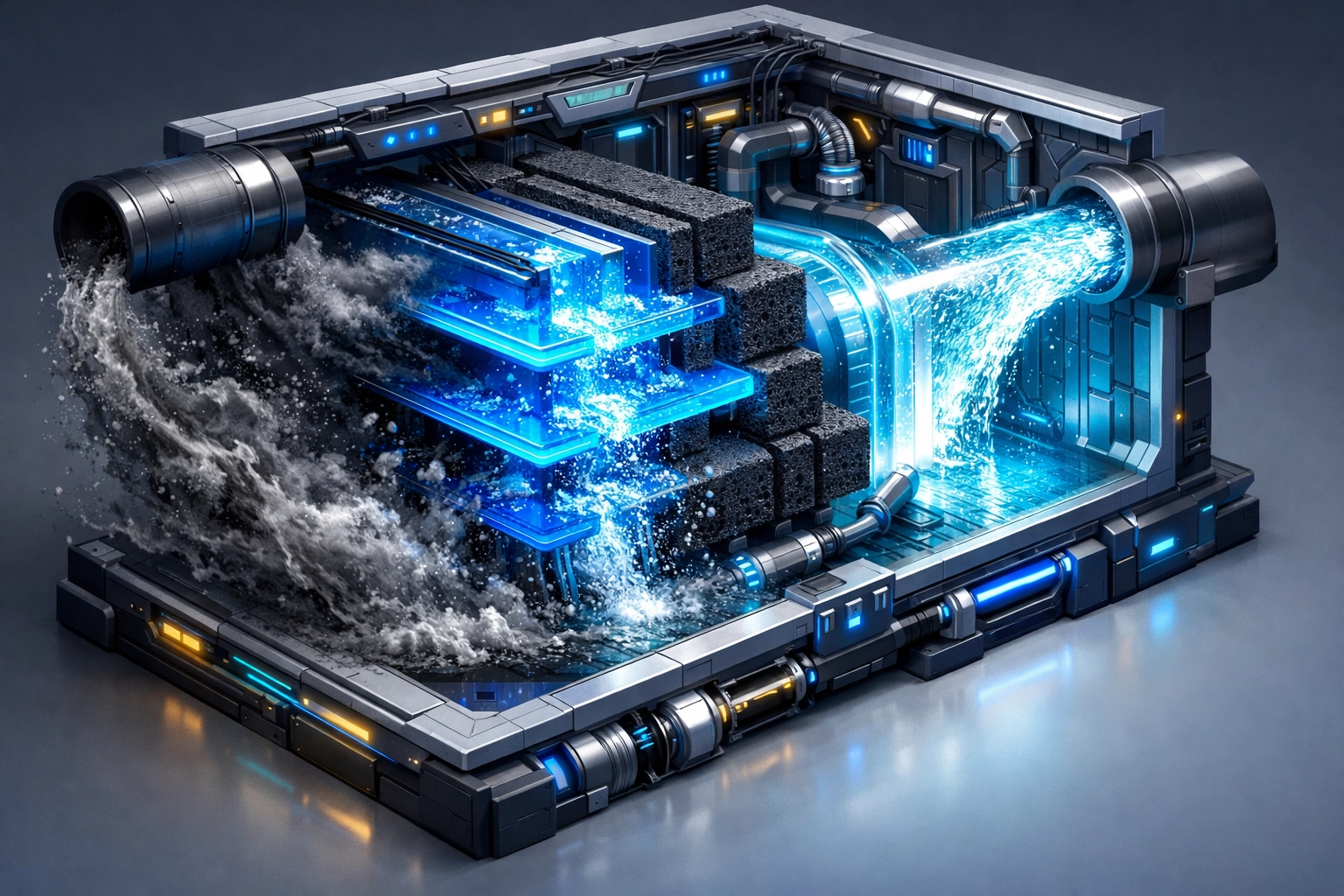 Multi-stage water filtration process showing membranes and carbon blocks purifying drinking water.