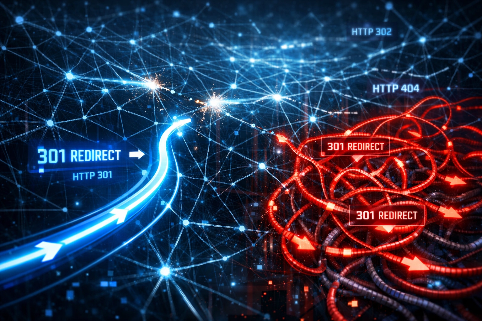 Website architecture showing 301 redirect chains and proper internal linking structure