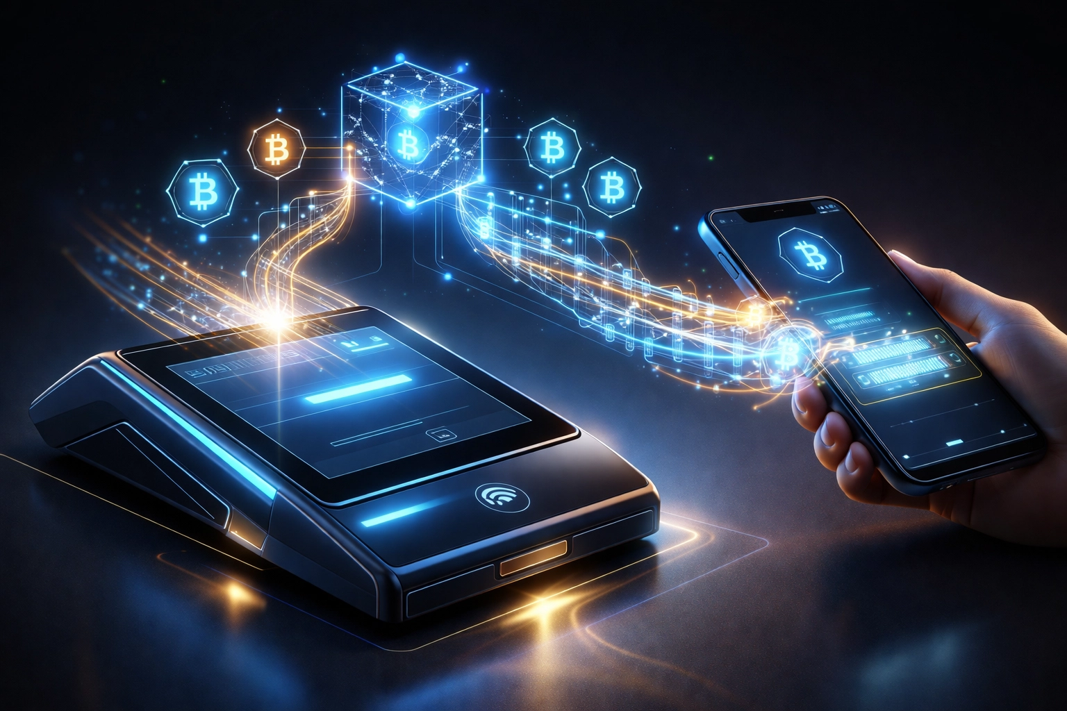 Self-custody crypto POS terminal showing direct peer-to-peer blockchain payment between merchant and customer
