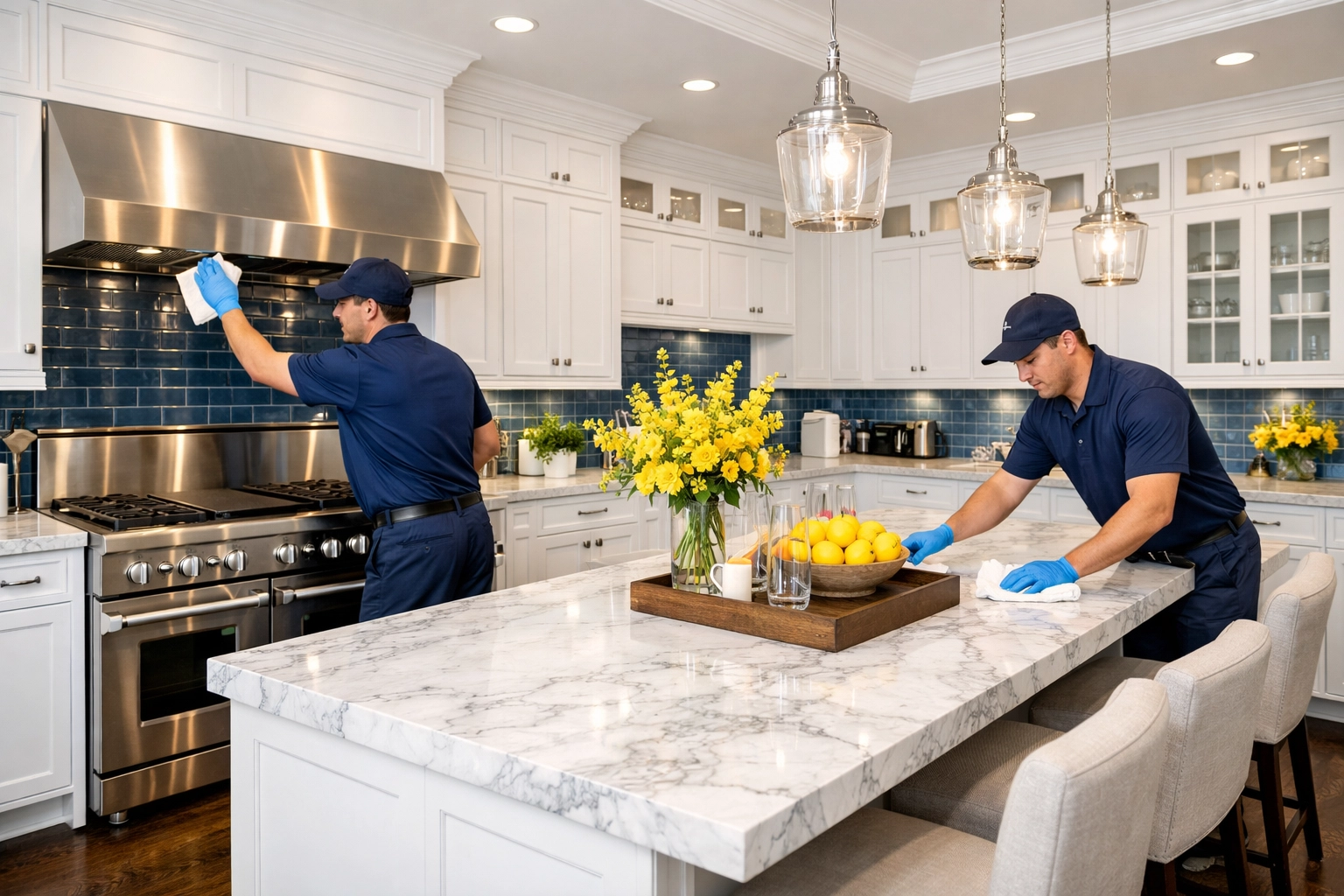 Expert team performing residential cleaning Massachusetts with Ninja Efficiency in a high-end Dover home.