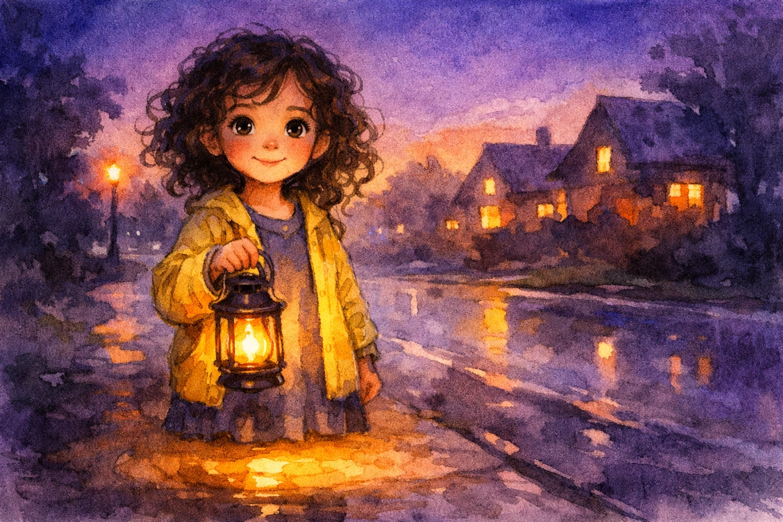 A young girl holding a glowing lantern at twilight, illustrating sharing the light of faith with neighbors.