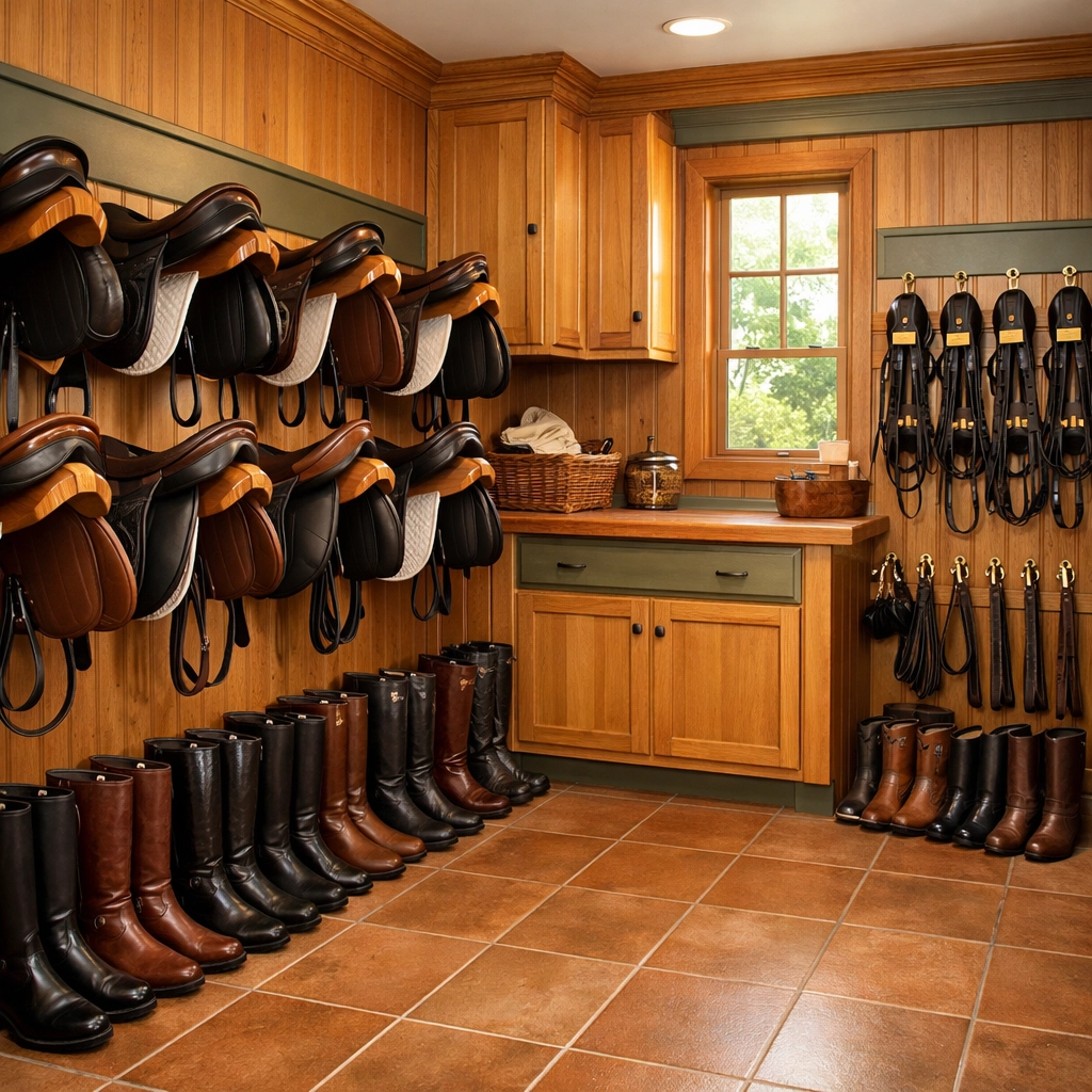 Organized tack room with saddles and gear at Charlotte area equestrian facility