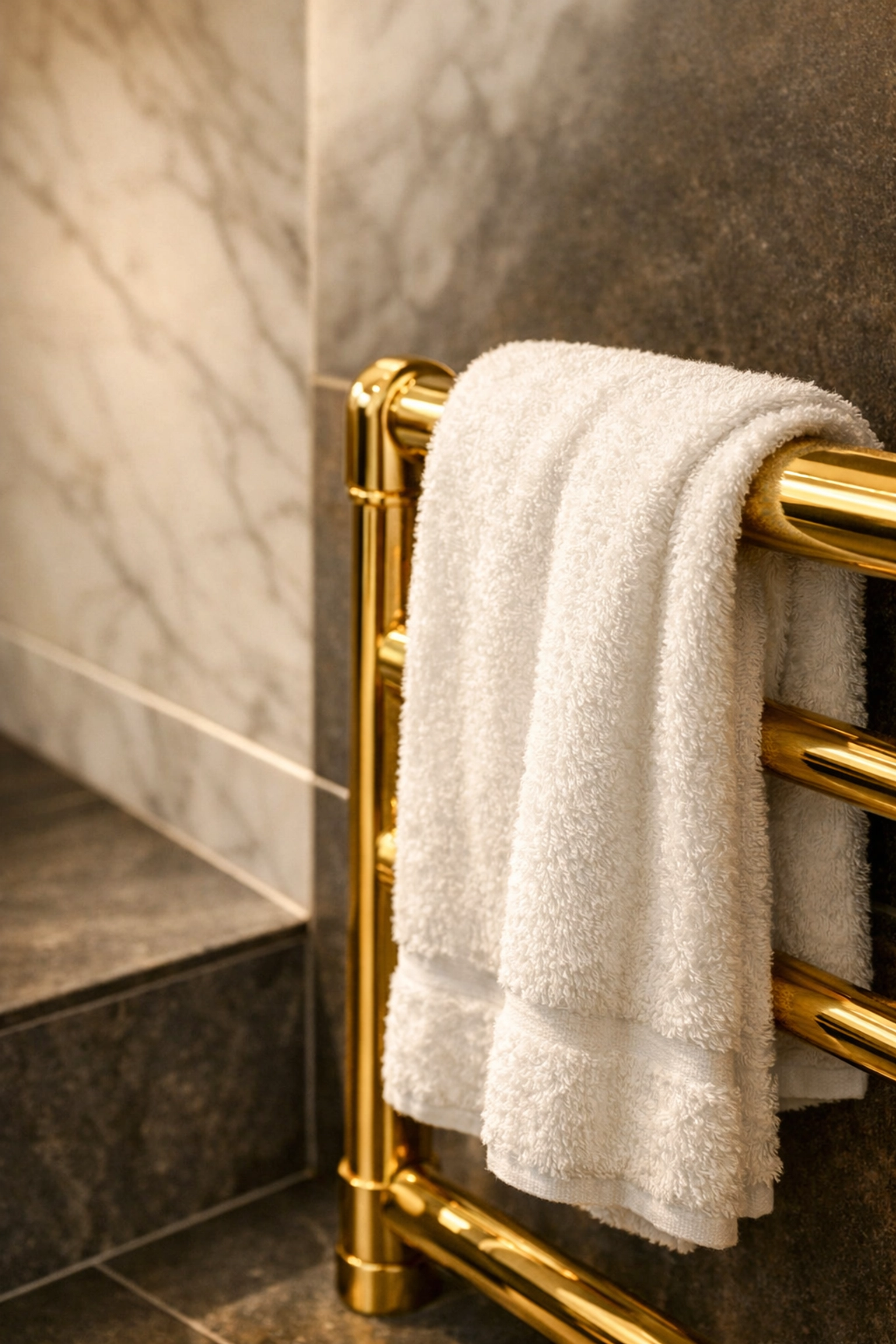 High-quality bathroom finishing touches including a gold heated towel rail and professional marble tiling detail.