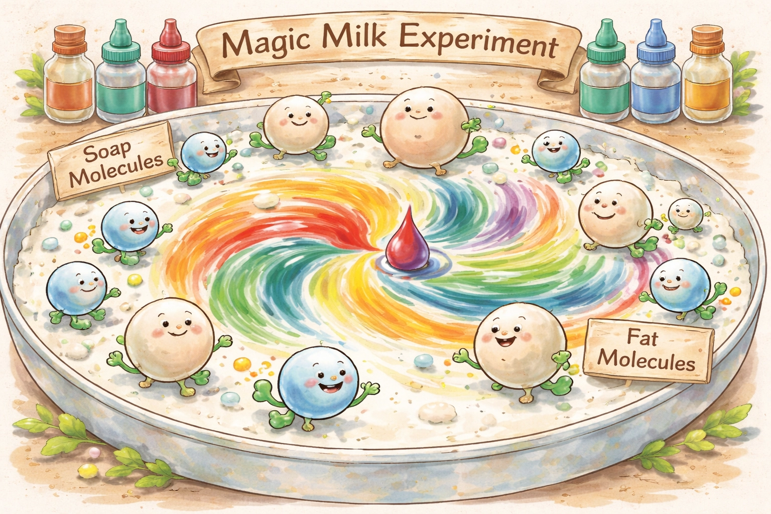 Cartoon diagram explaining how soap and fat molecules interact in the magic milk experiment
