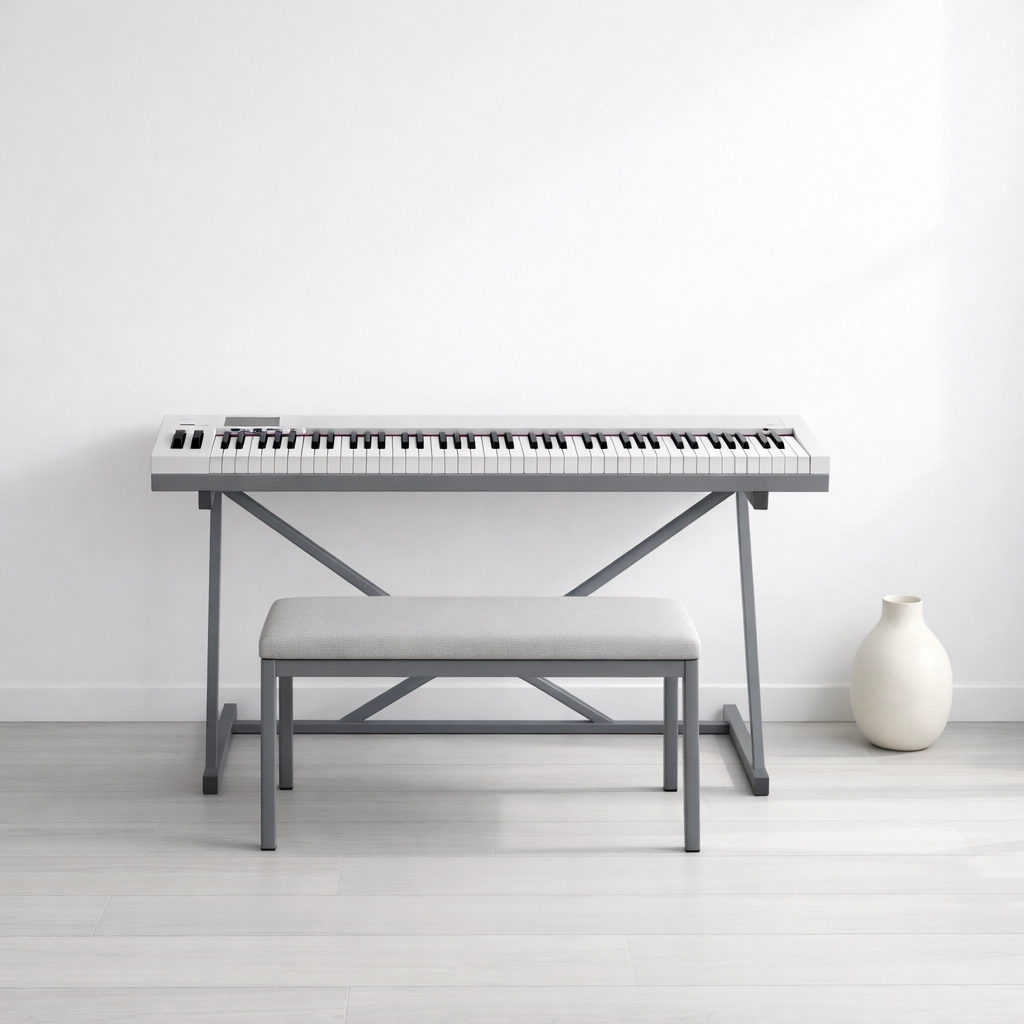 A modern home practice space for music education featuring a 61-key beginner keyboard and adjustable bench.