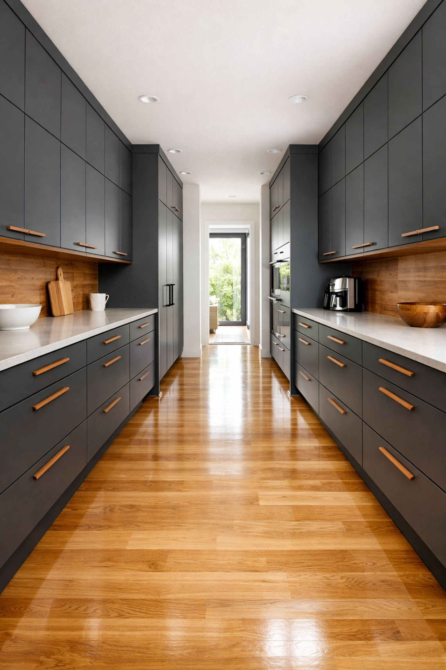 Perfectly aligned charcoal grey custom cabinets installed in a modern Minnesota kitchen.