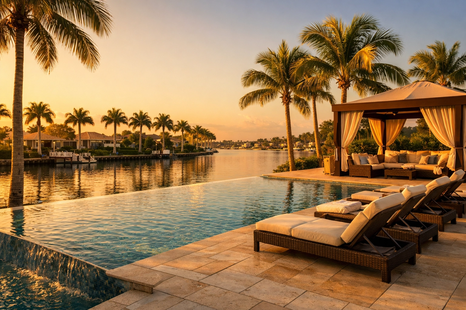 Luxury infinity pool at a gated community in Cape Coral Florida featuring palm trees and a canal view.