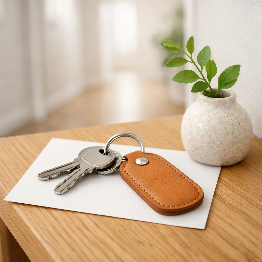 Set of apartment keys and a welcome card on a wooden table in a freshly cleaned Indianapolis rental unit.