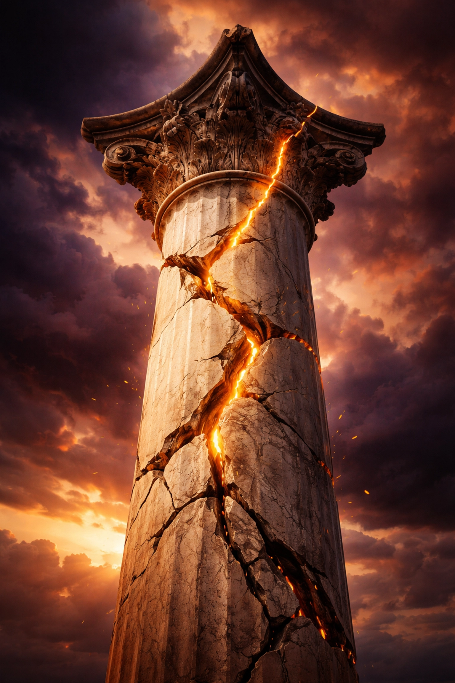 Cracked marble column under stormy sky showing the shift from traditional 60/40 investment models