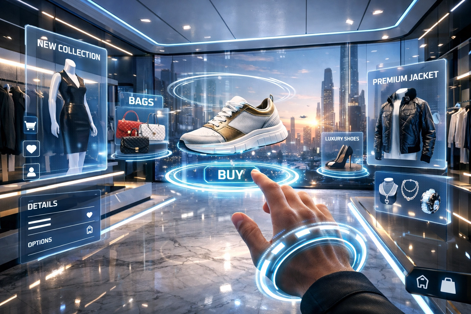 Immersive virtual reality metaverse shopping interface featuring holographic product displays.