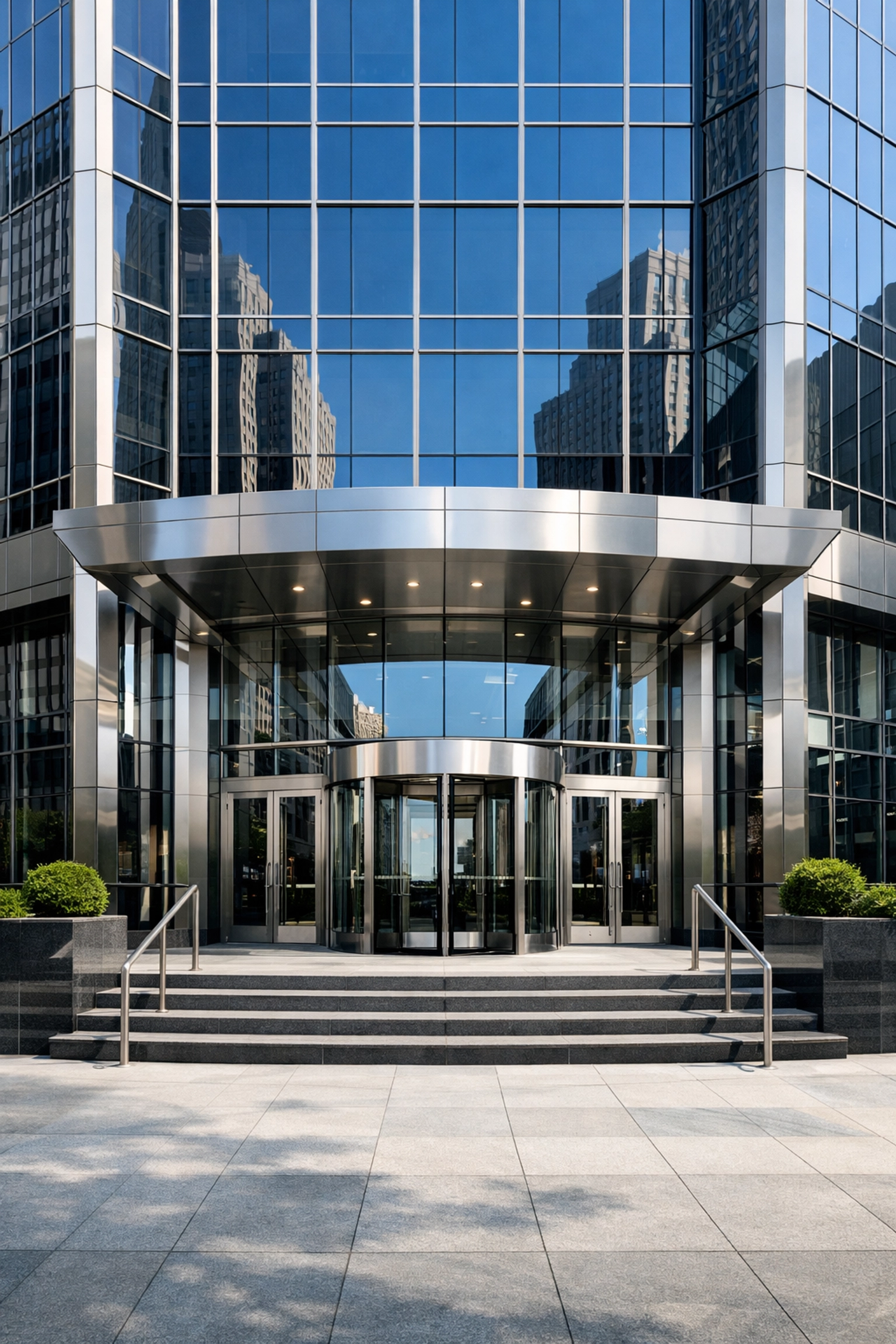 A pristine Class A office building entrance in Detroit showcasing high standards of commercial facility care.