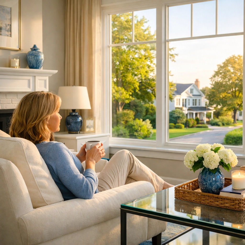A relaxed homeowner enjoying a pristine living room after a visit from house cleaning services MA.