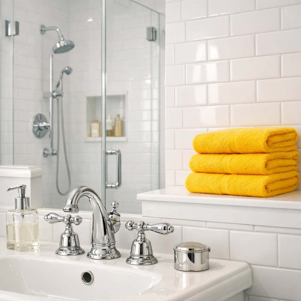 Spotless master bathroom with white subway tile and polished chrome fixtures after professional cleaning.