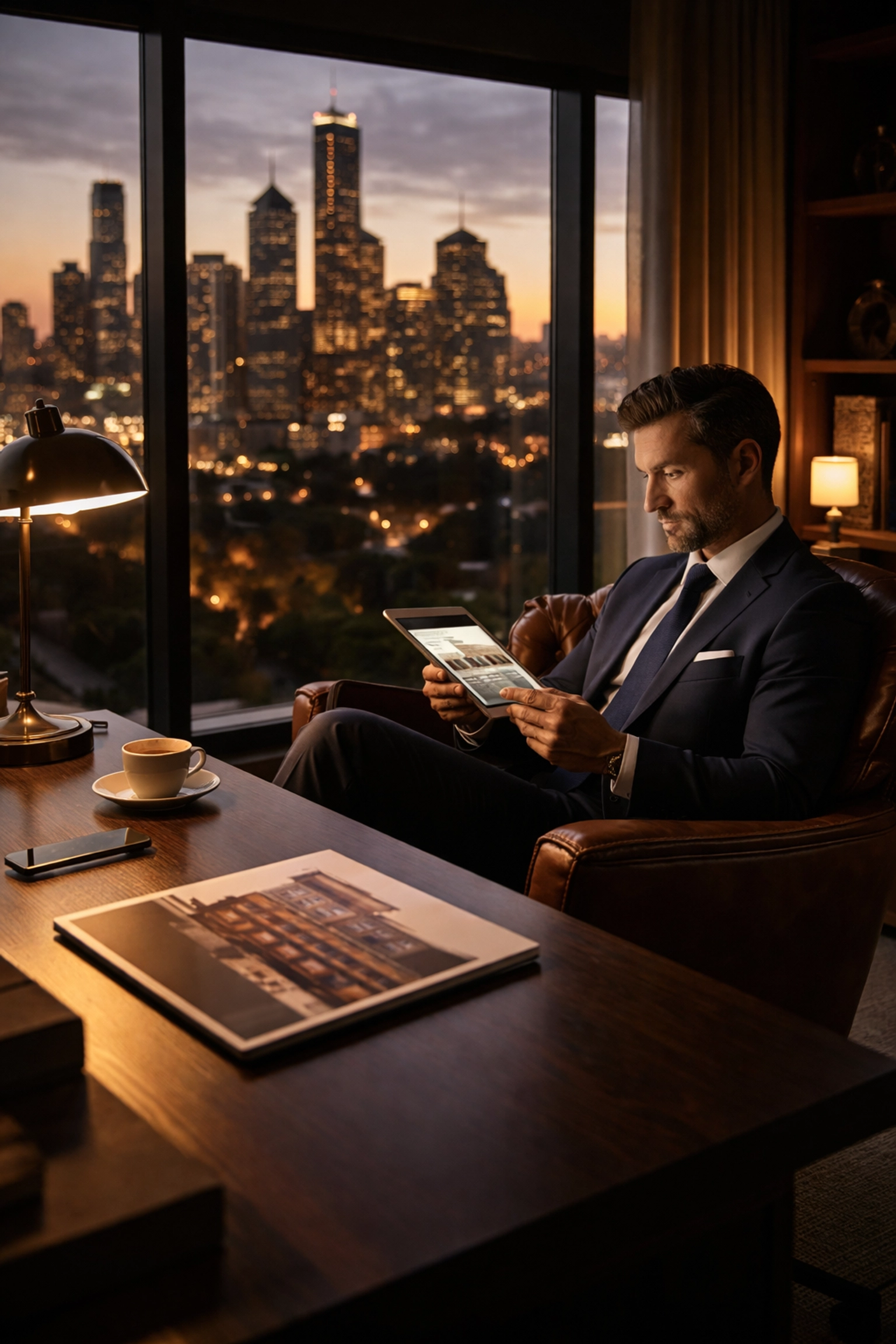 Professional reviewing prestige property documents at dusk with Melbourne skyline, highlighting efficient full-service buyers agent support