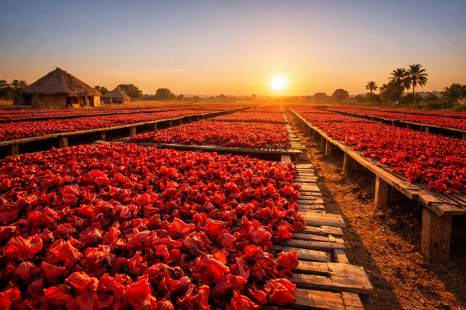 Thousands of sun-dried hibiscus flowers on elevated platforms in a Nigerian agricultural drying field.