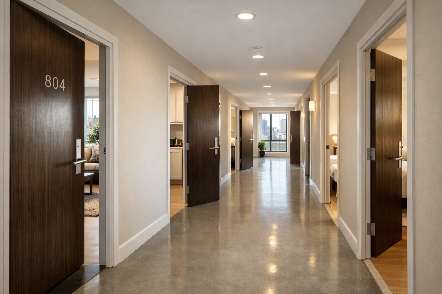 Bright, modern apartment building hallway in Chicago showcasing organized multi-unit property management turnovers.