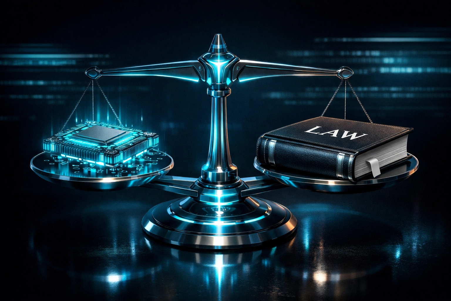 Symbolische Waage mit Mikrochip und Gesetzbuch für rechtssichere KI-Einführung.