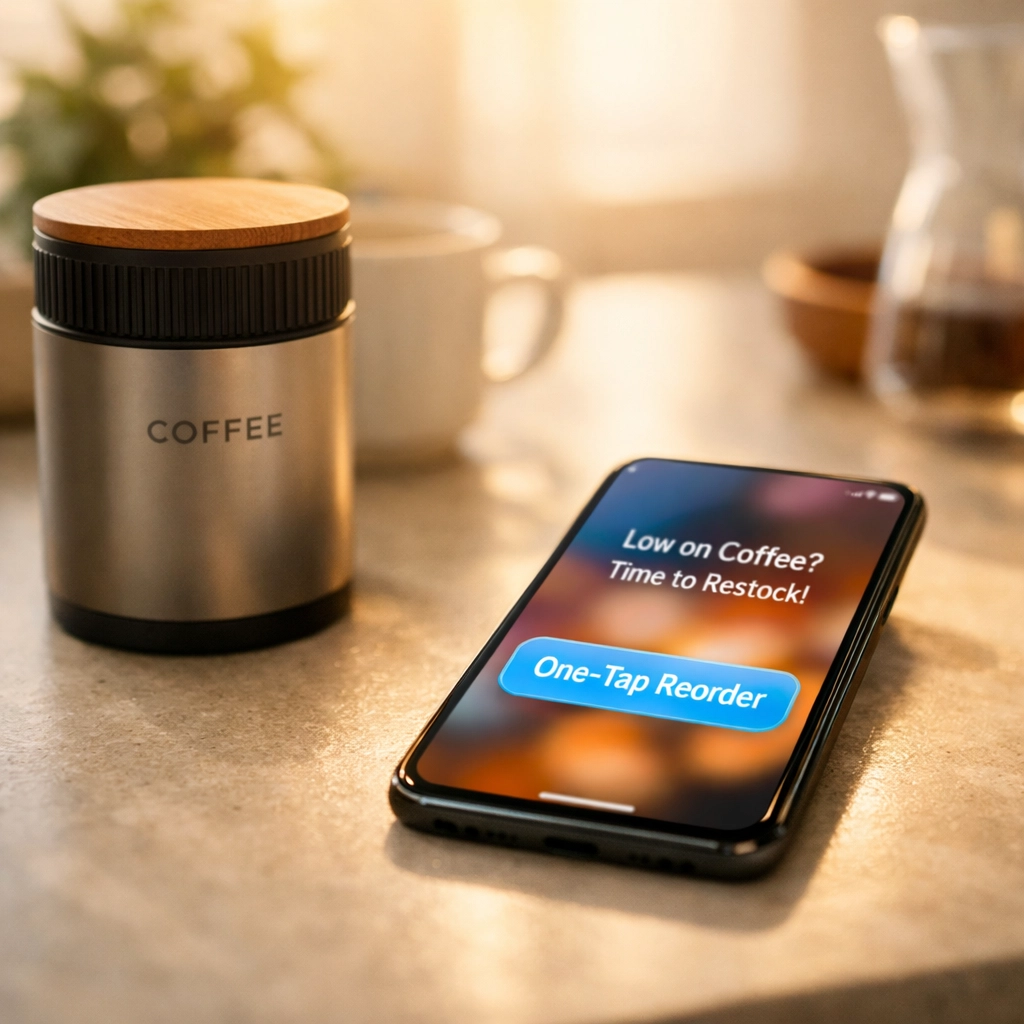 A mobile phone displaying a one-tap reorder notification, showcasing predictive e-commerce replenishment.
