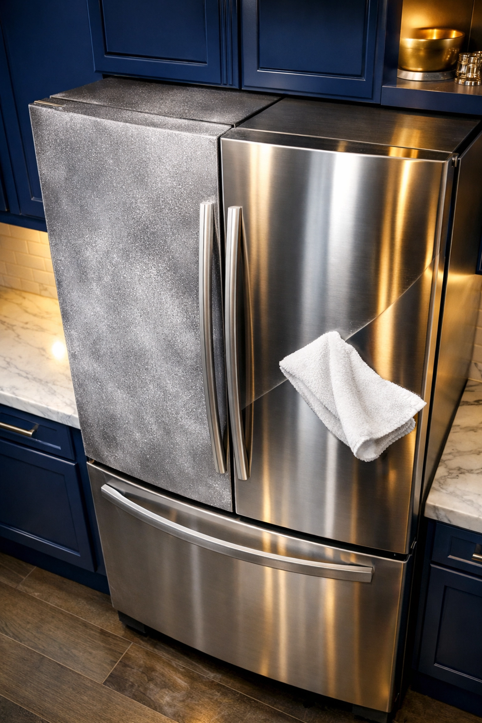 A stainless steel refrigerator showing construction dust being wiped away to reveal a clean, polished finish.